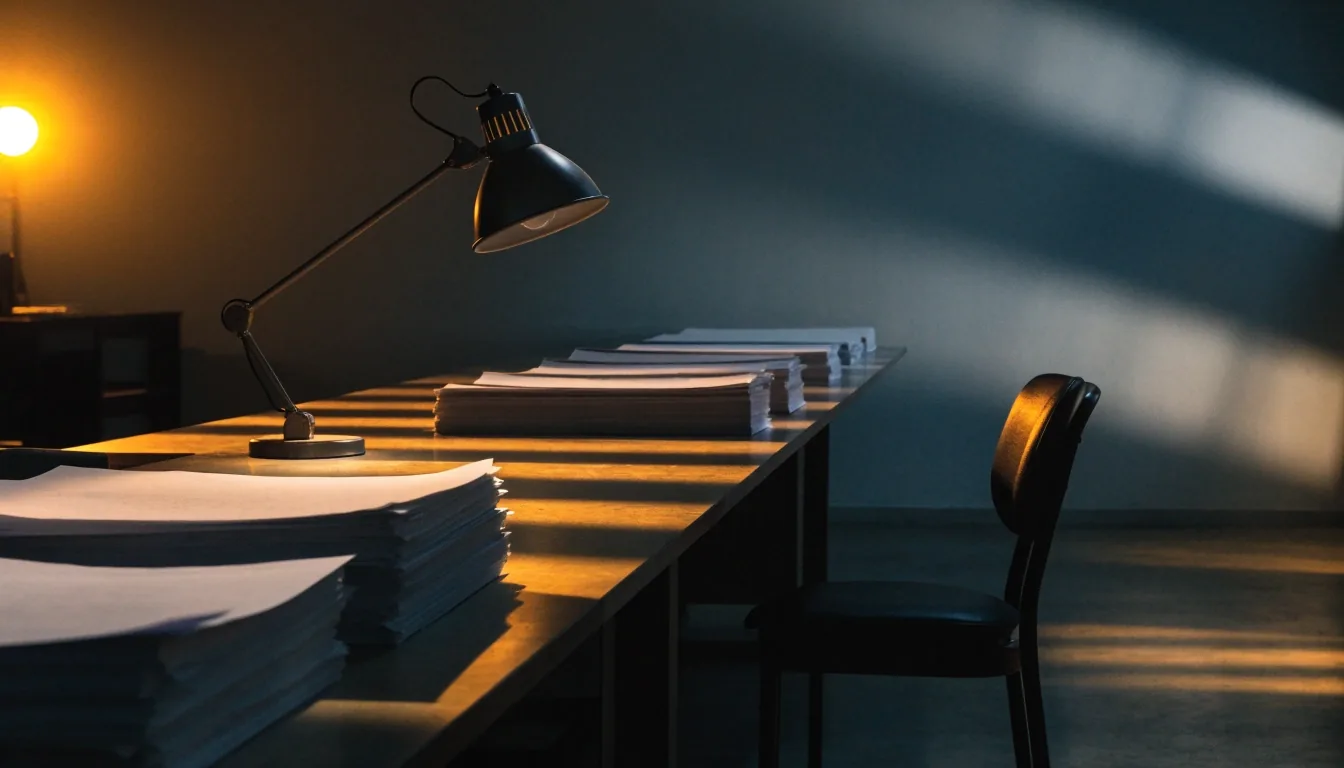 A composing room table at night under a single hard lamp, page flats stacked face-down