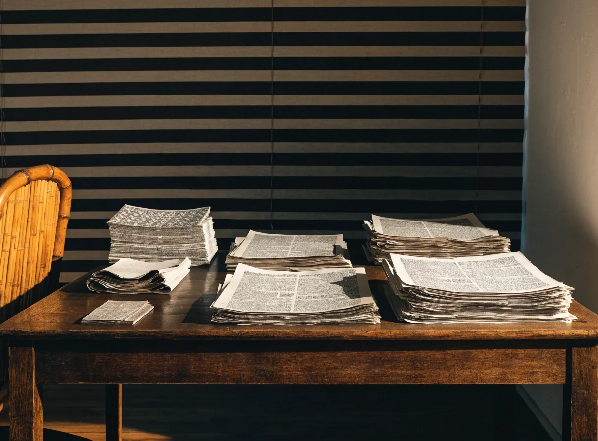 A newsroom desk at night with a lamp, blank page flats and a ruler under blind-striped light