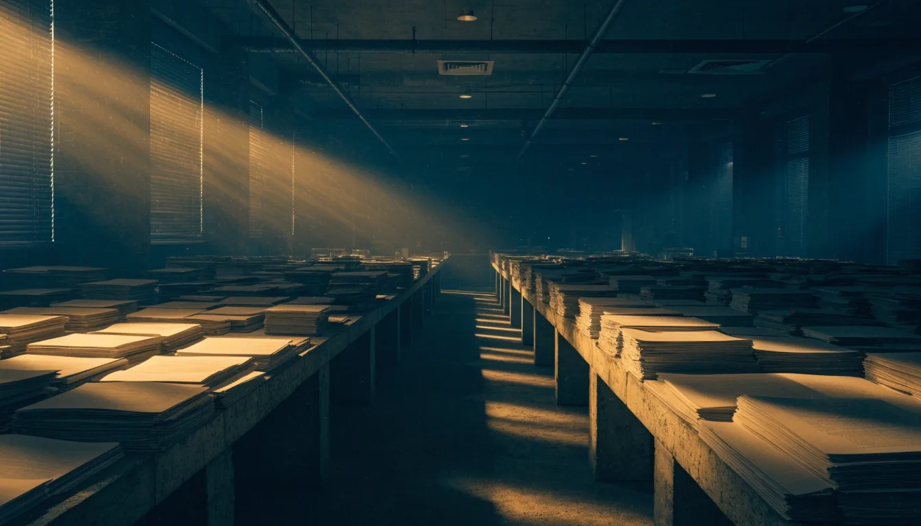 An empty foreign-ministry corridor at night with one amber band of light across the floor