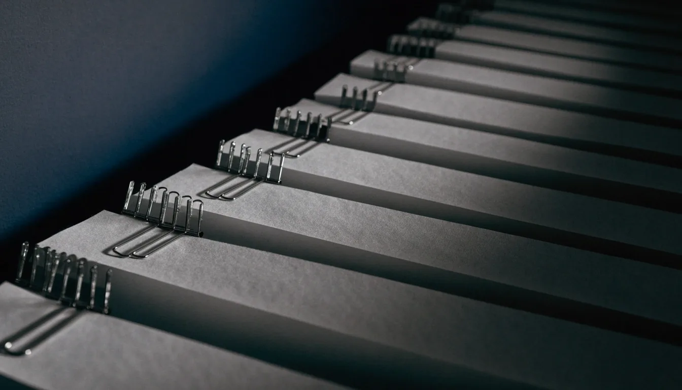 Blank page flats clipped in a row on a newsroom pin-up bar under hard side light