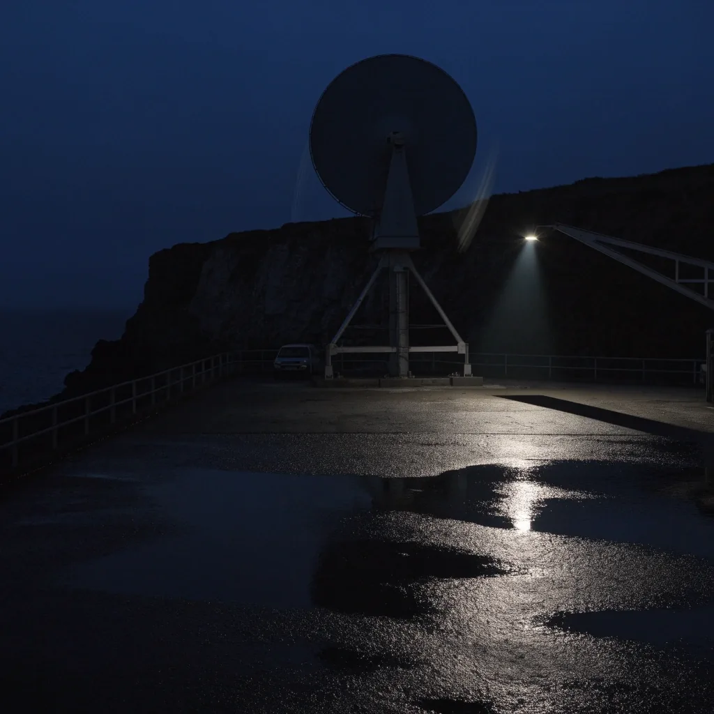 Border crossing barrier under a sodium streetlight on wet asphalt at night