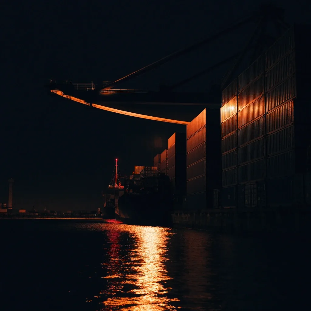 Container port at night with stacked containers and one lit crane arm
