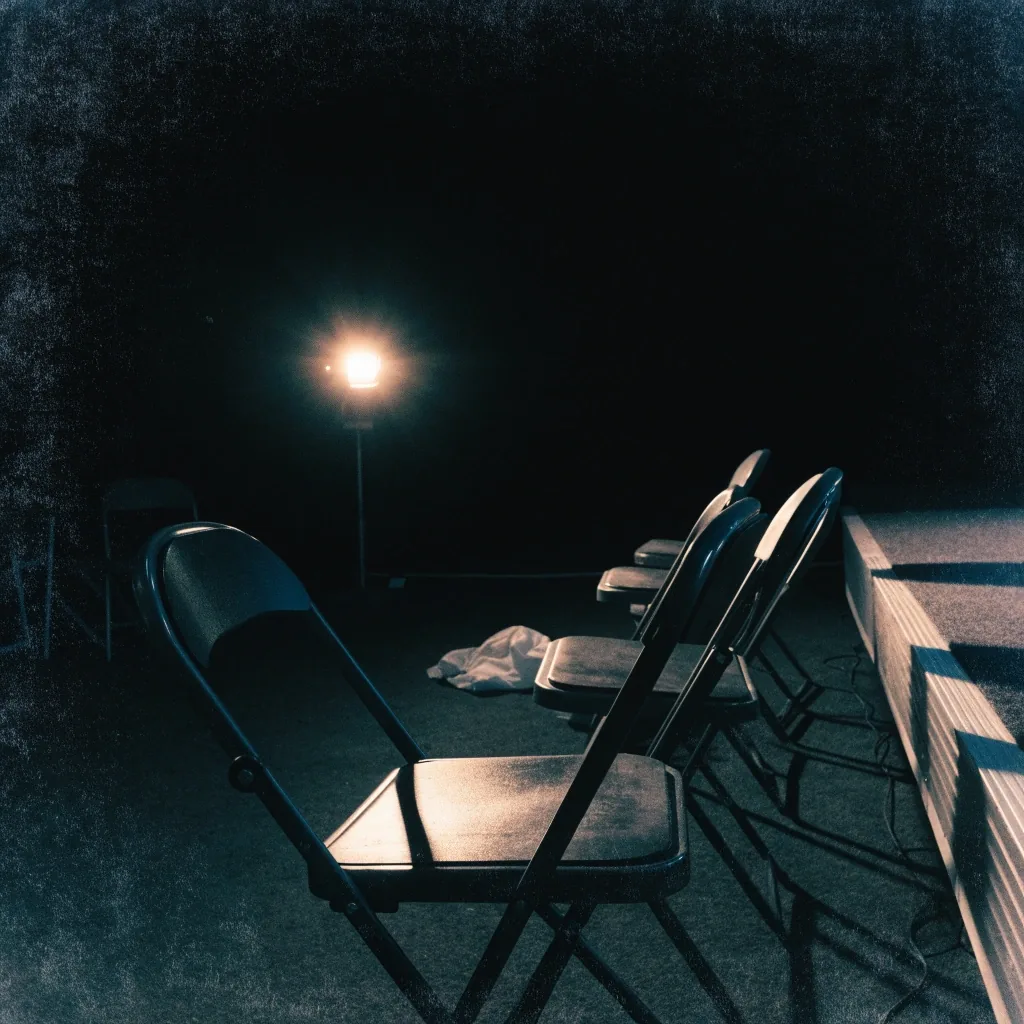 Dark campaign staging area after an evening event under one work light