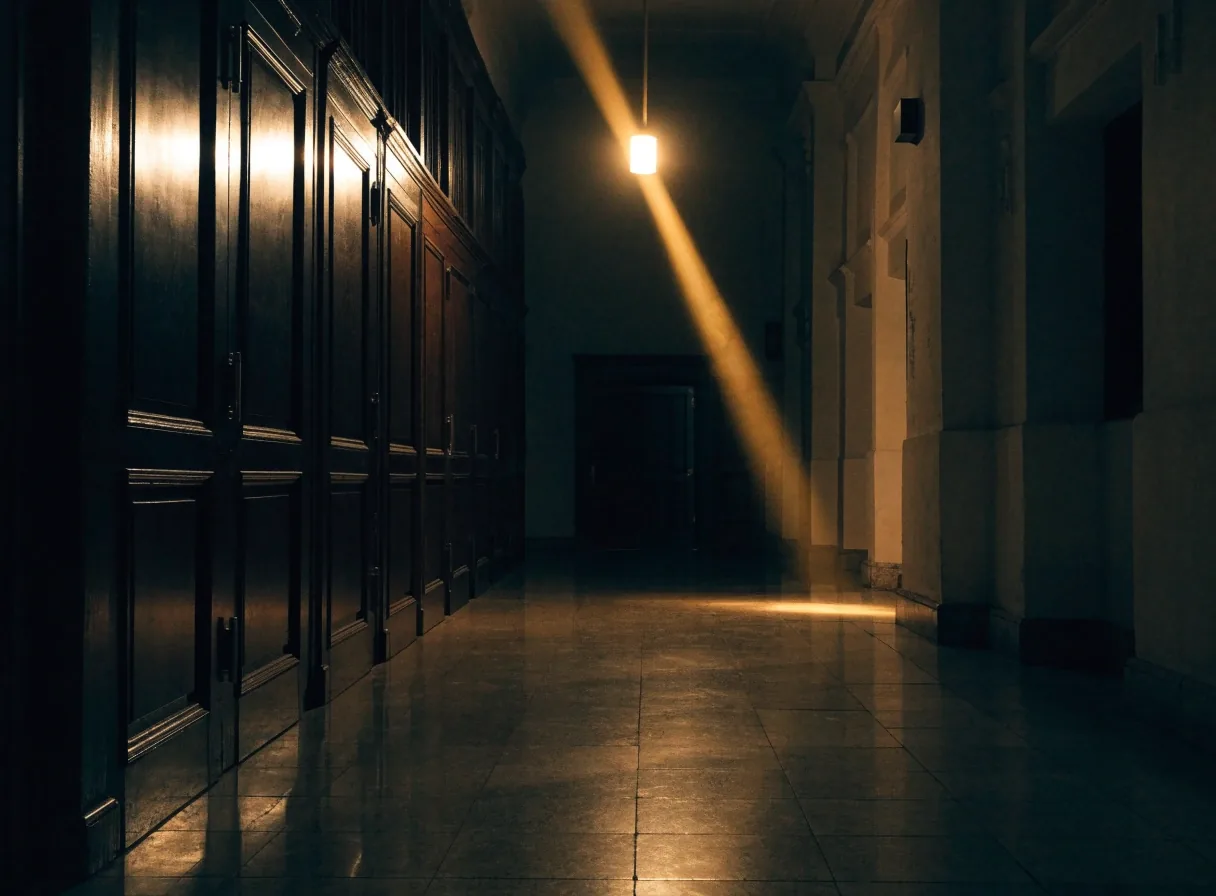 Government ministry corridor at night under a single ceiling light