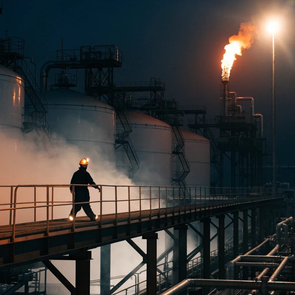 Oil terminal at night under floodlights with pipework and a burn-off flame