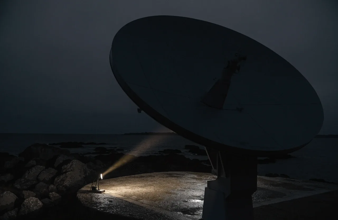 Satellite dish silhouette on a rooftop against a hard night sky