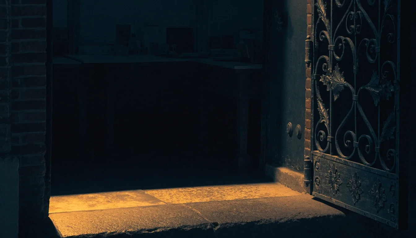 Brownstone stoop at night with a single amber porch light above wet steps in Brooklyn