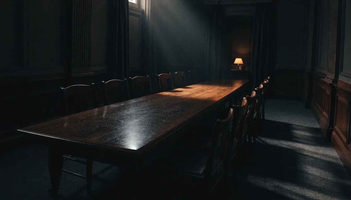 Empty legislative reading room at night with a single hard band of light across the table