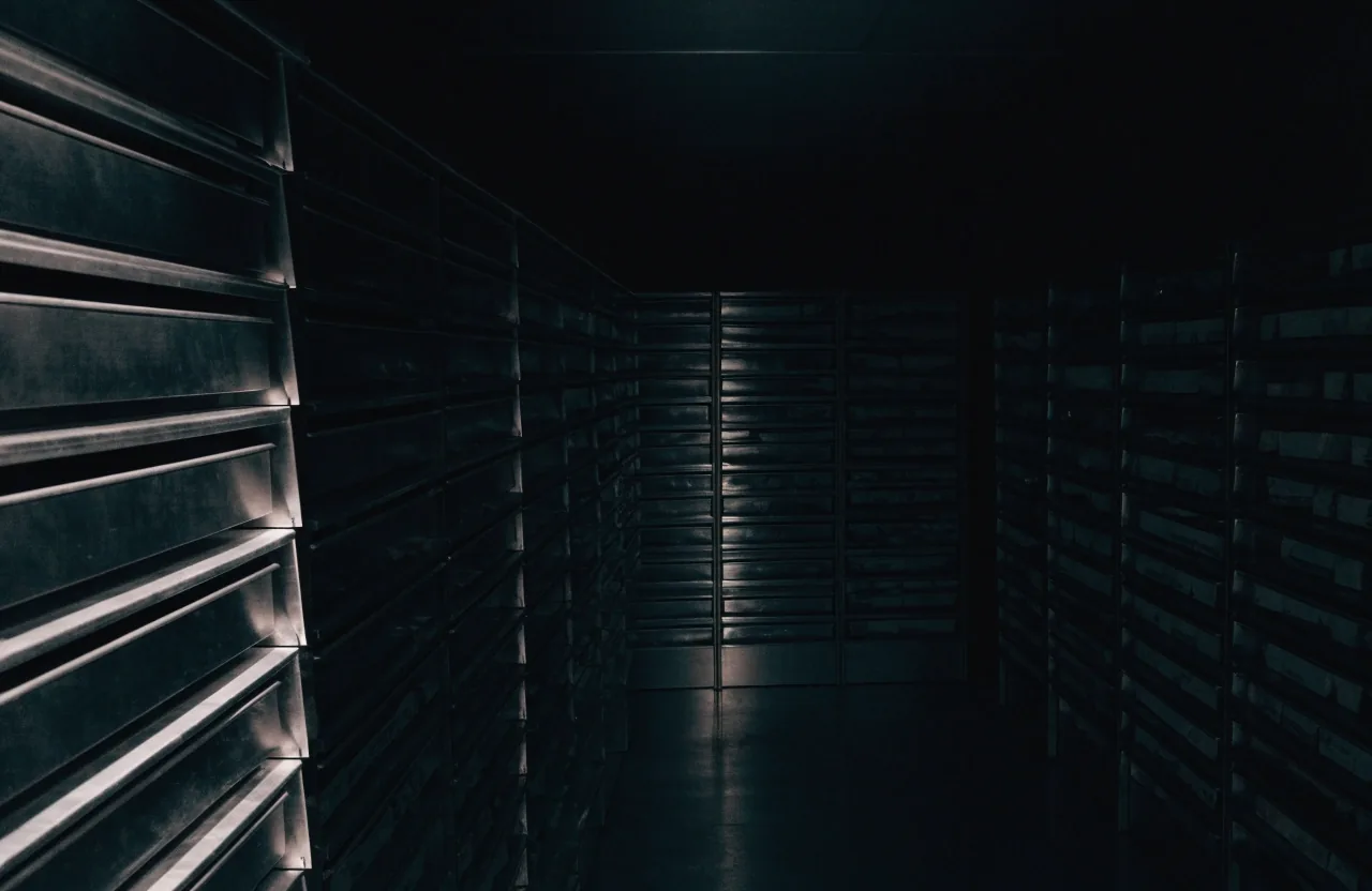 Long rows of archive drawers at night lit by one hard side light