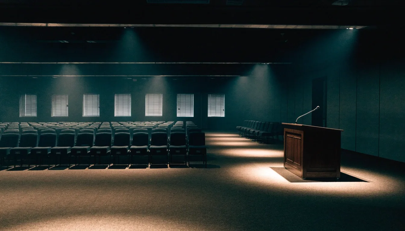 A dark concrete corridor at a military airbase lit by hard raking light through narrow window slats