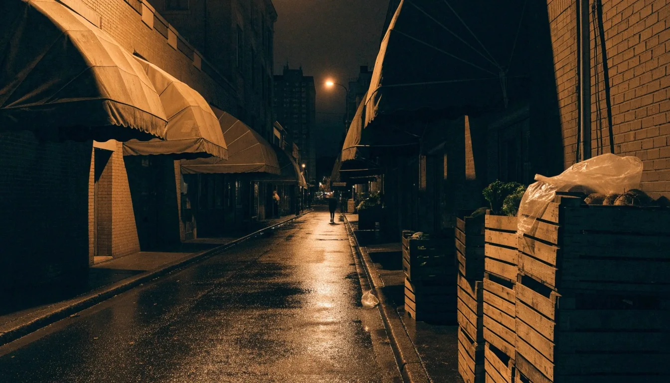 A closed night market street lit by a single sodium lamp, the sort of street-level scene behind rising food and fuel costs