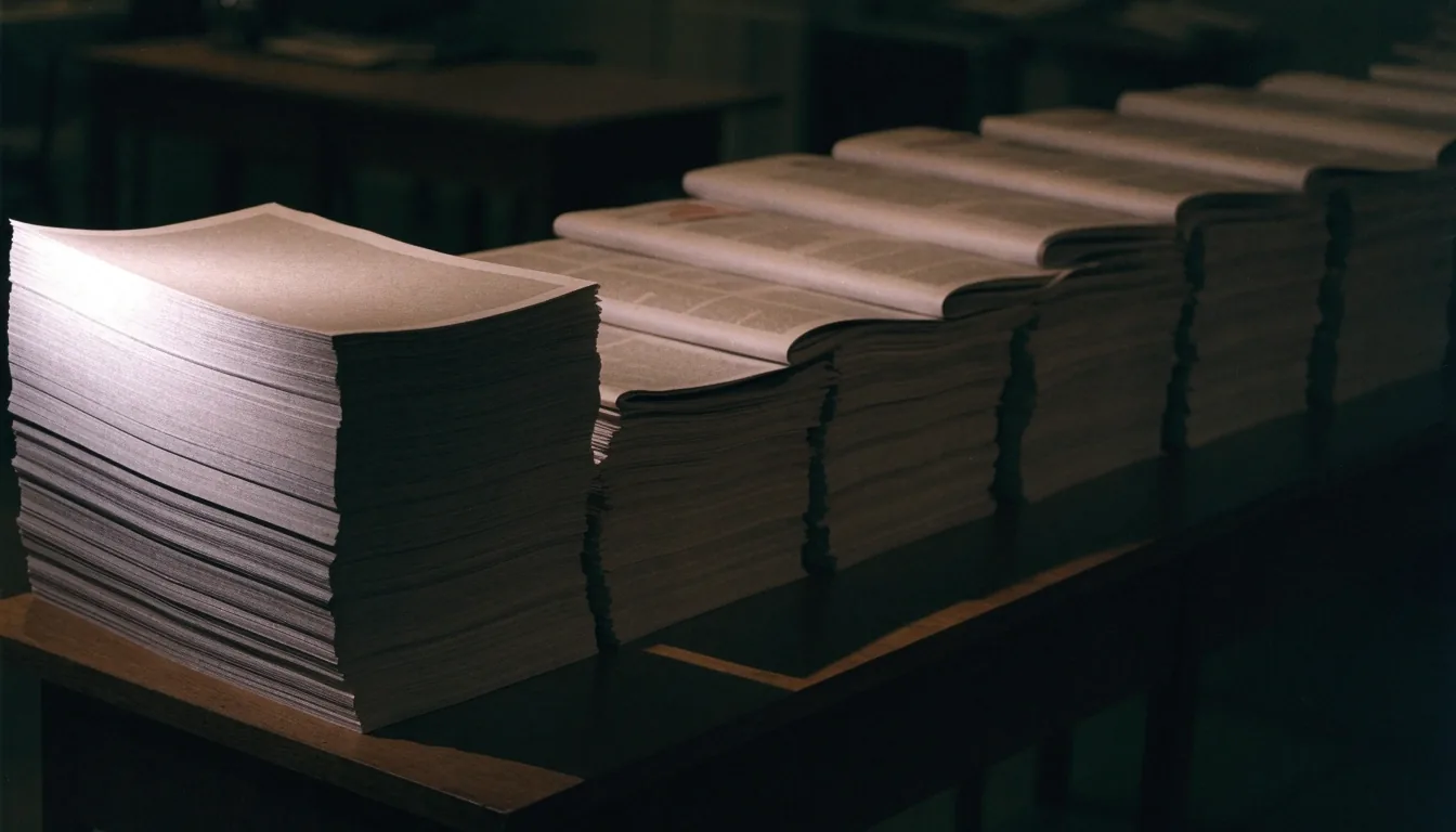 Blank page flats stacked on a night composing-room table under a raking side light, the archive of economy coverage