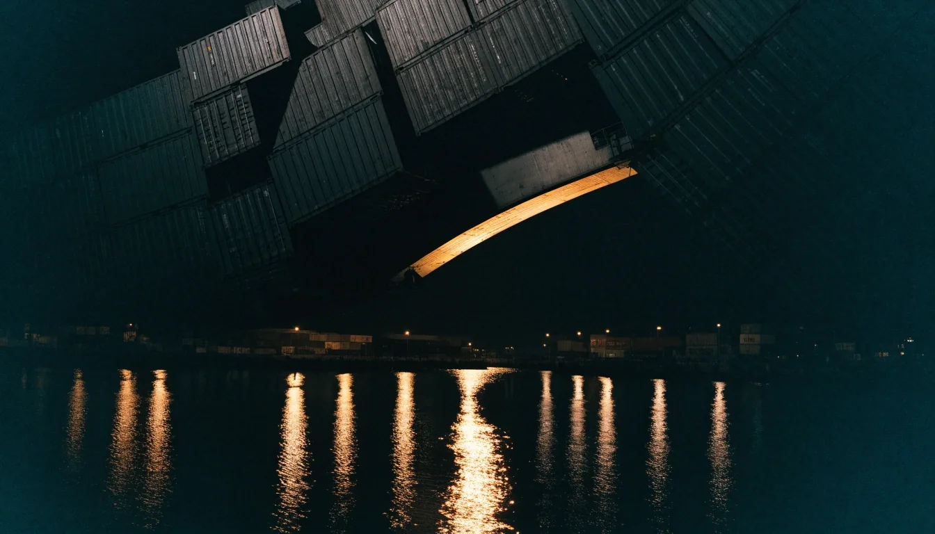 Lit crane arm sweeping over stacked containers at a night port, the freight side of the trade forecast