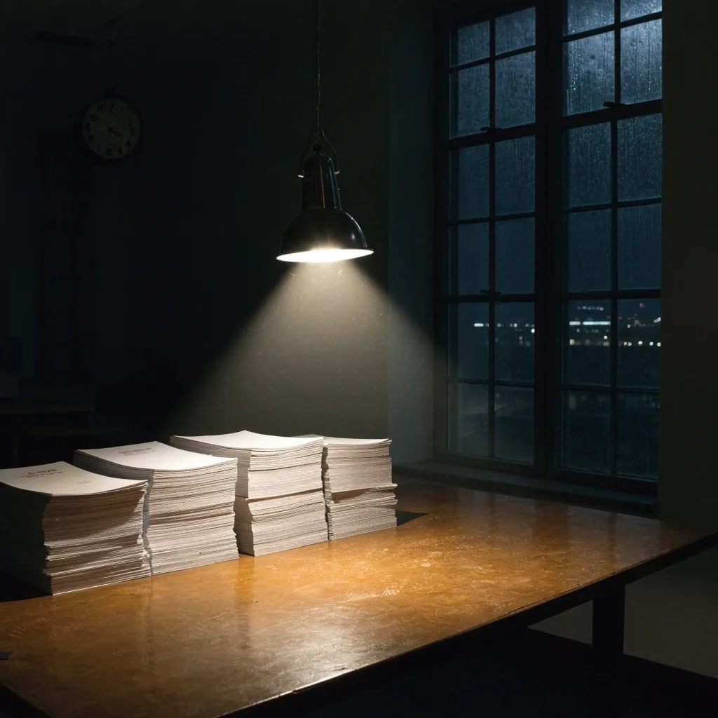 Empty composing table under a single lamp at night, blank page flats stacked face down