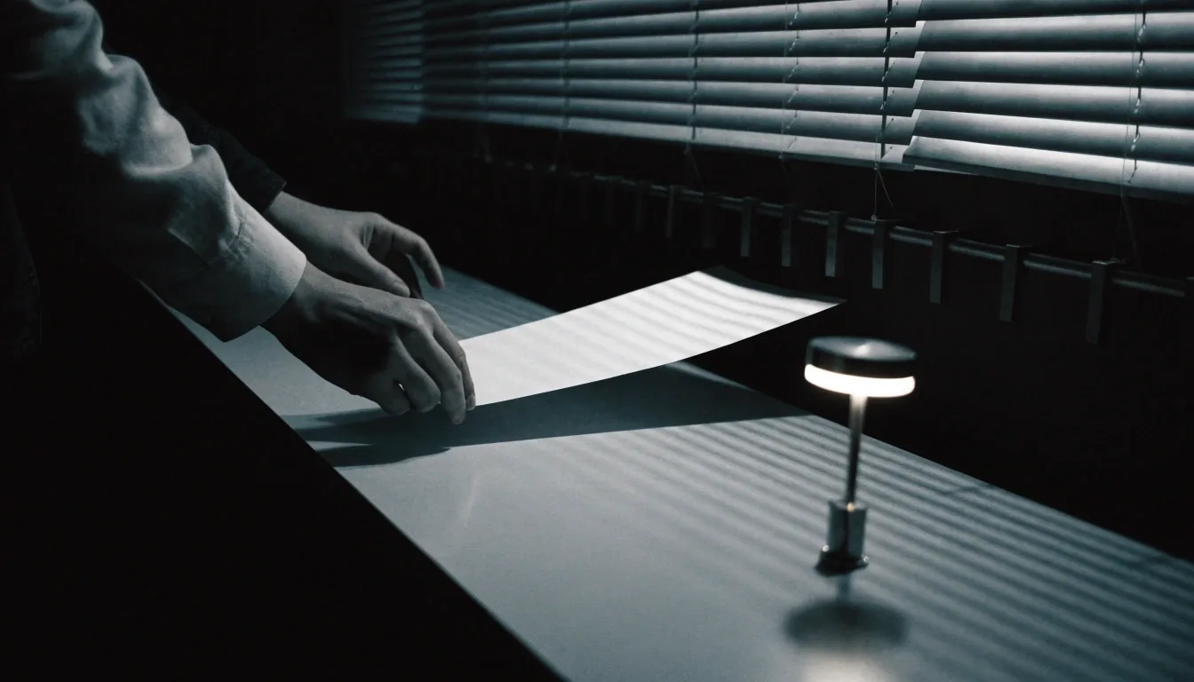 A midnight newsroom composing table under hard blind-striped light, blank page flats stacked and untouched