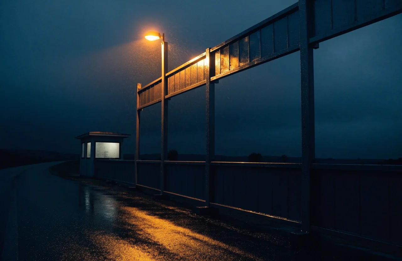 A European electricity substation lit at night by a single sodium lamp