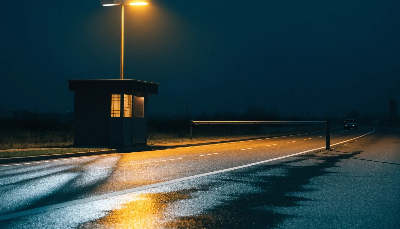 A European border crossing at night, sodium light falling across wet asphalt and the barrier arm
