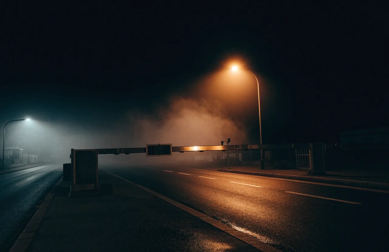 An empty foreign-ministry corridor at night with a hard band of sodium light on the floor