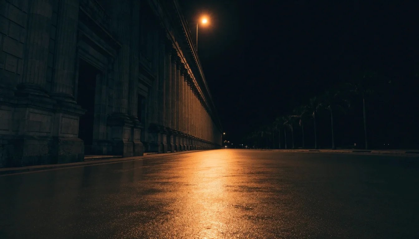 A dark Caracas government avenue at night under a single streetlamp, wet pavement reflecting amber light