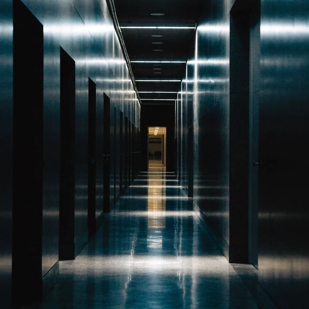 A long foreign ministry corridor at night lit by hard overhead strips with deep shadow between pools of light