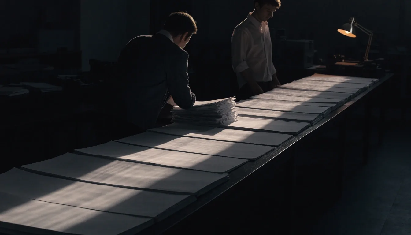 A composing table in a dark newsroom under a single hard band of blind-striped light