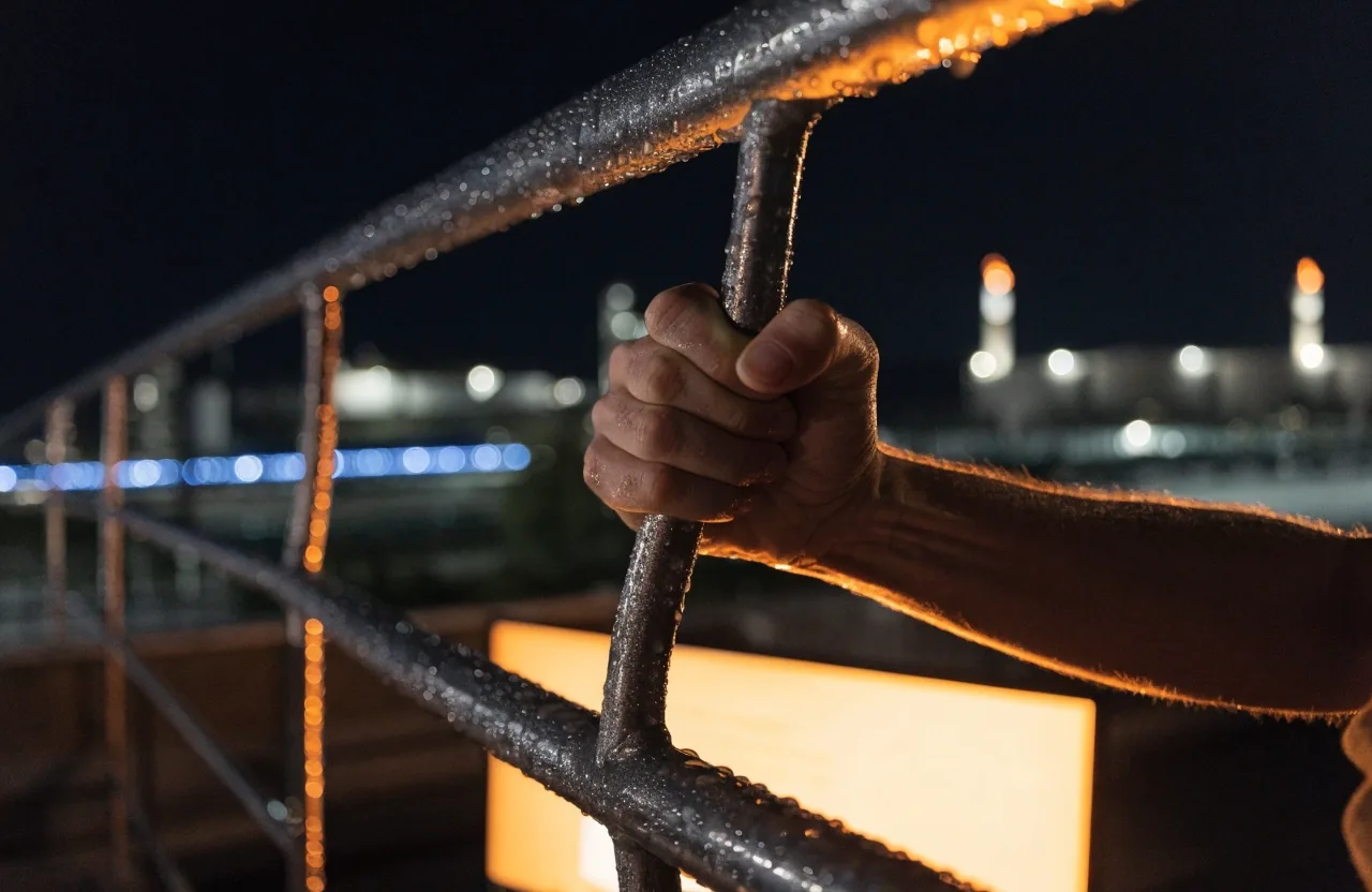 A hand on a wet metal railing at night, lit only by out-of-focus glow