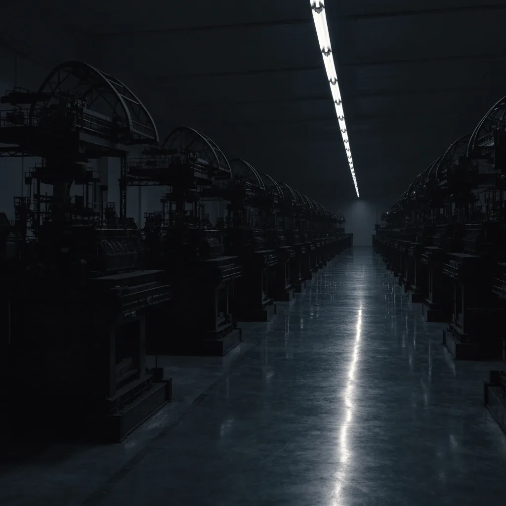 A fabrication floor at night, dormant machinery under one hard band of light