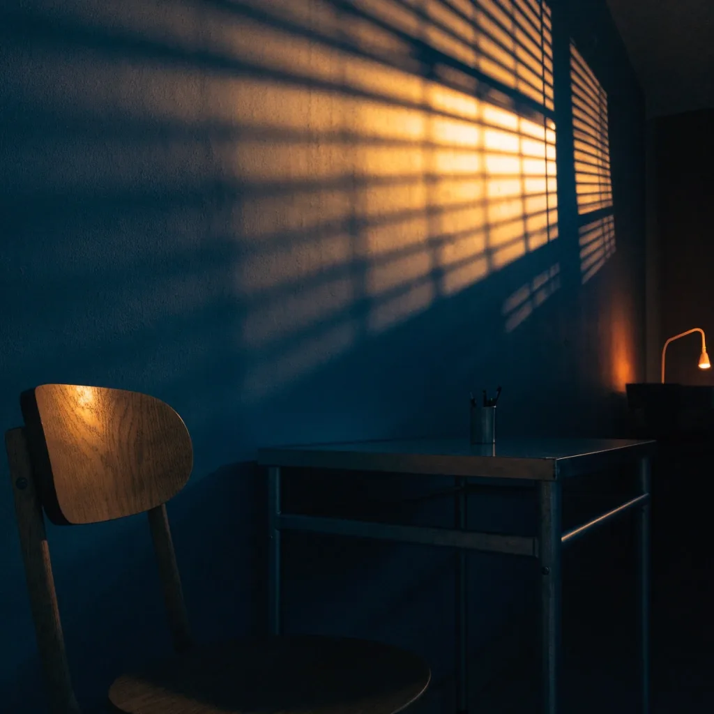 Blind stripes casting hard light bands across a bare newsroom wall at night with one empty chair