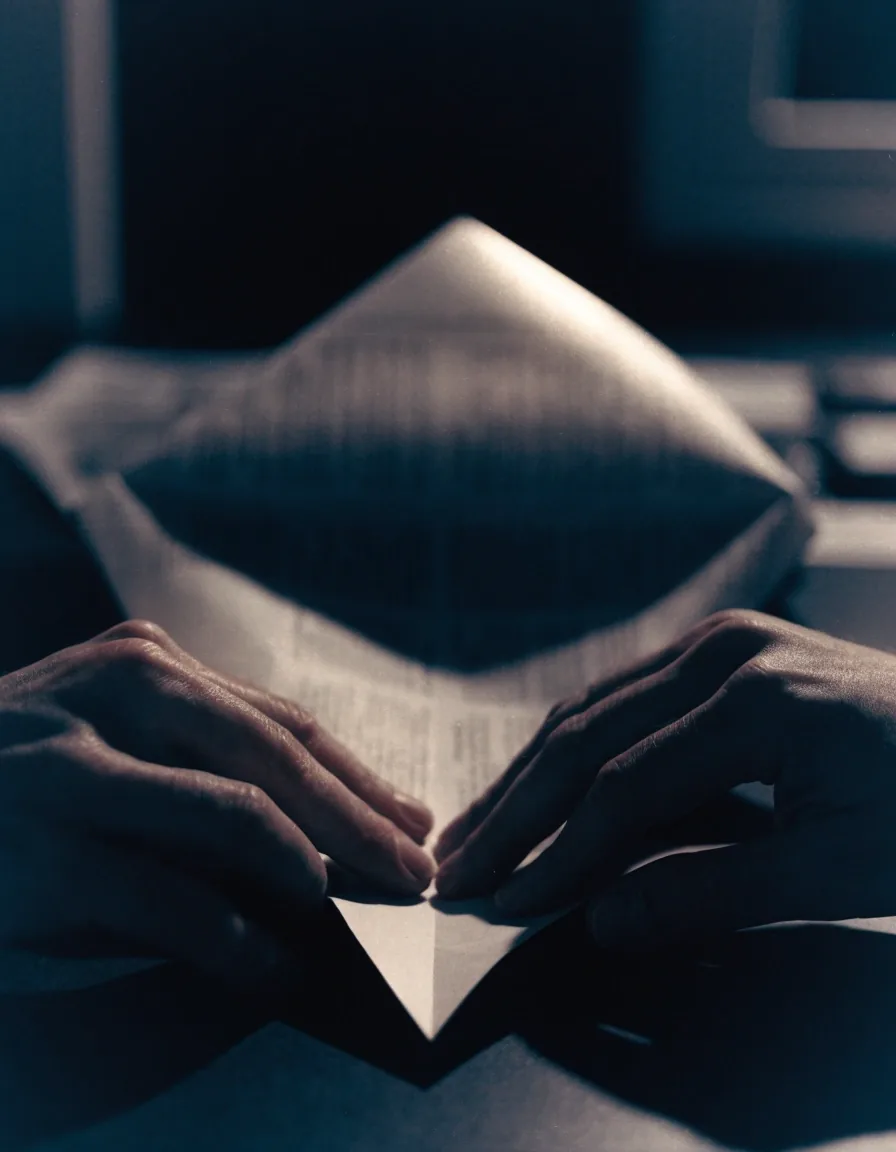 Two hands folding a fresh broadsheet page on a dark desk under one hard side lamp