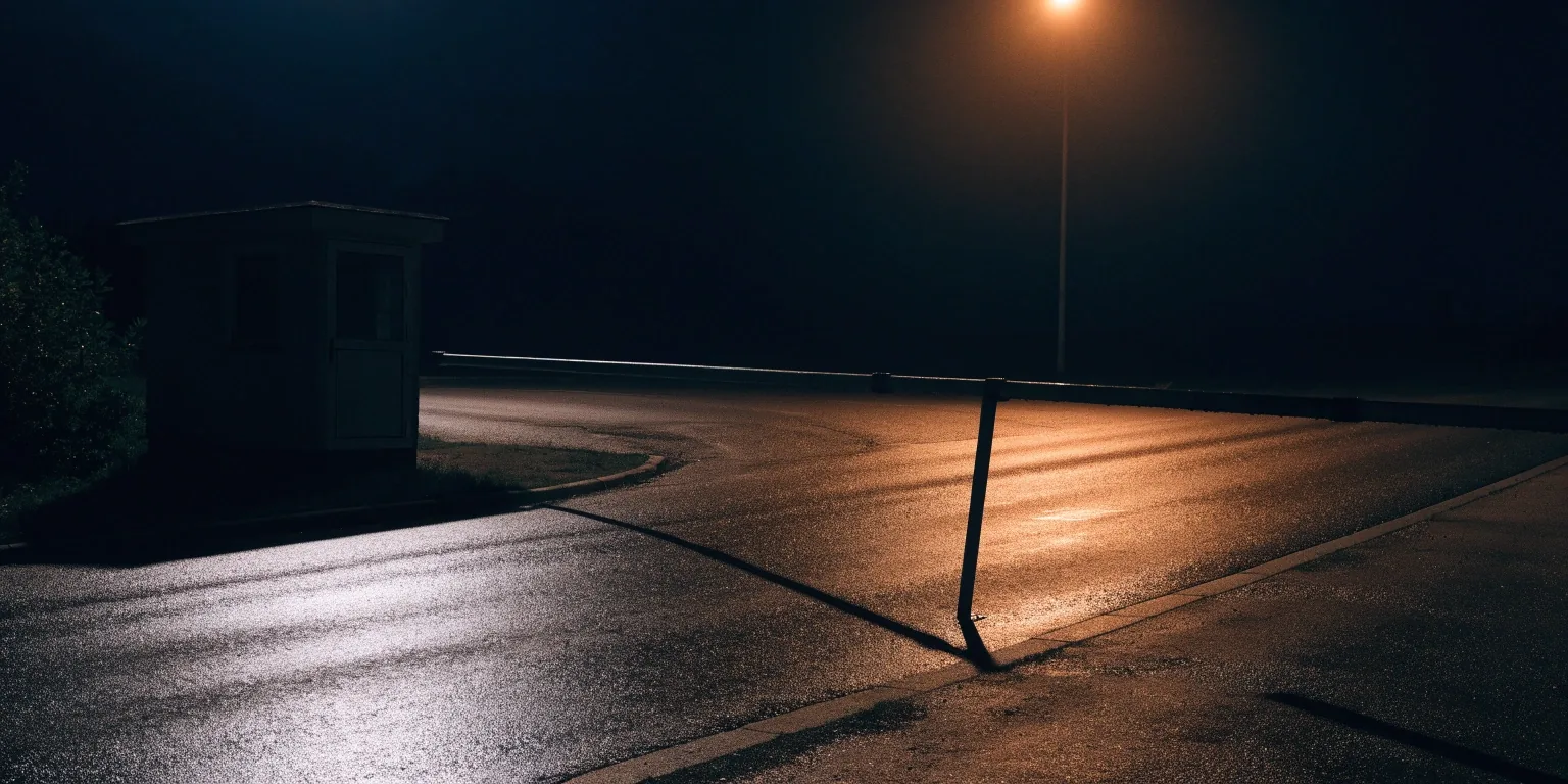 A lowered border barrier on wet asphalt under a single sodium streetlight at night