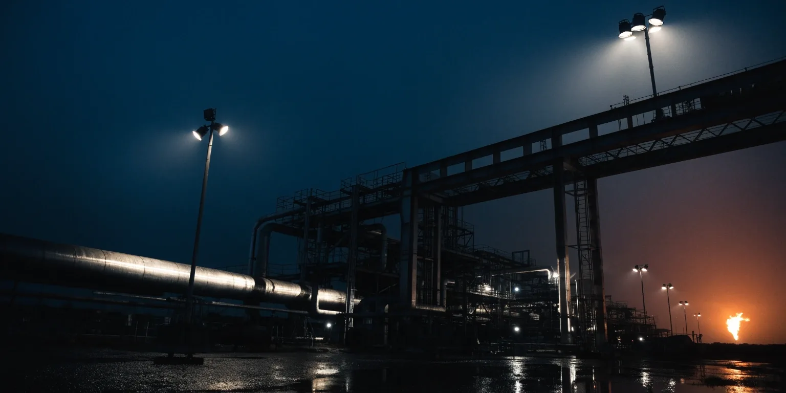 An oil terminal at night with floodlights over piping and a distant burn-off flame