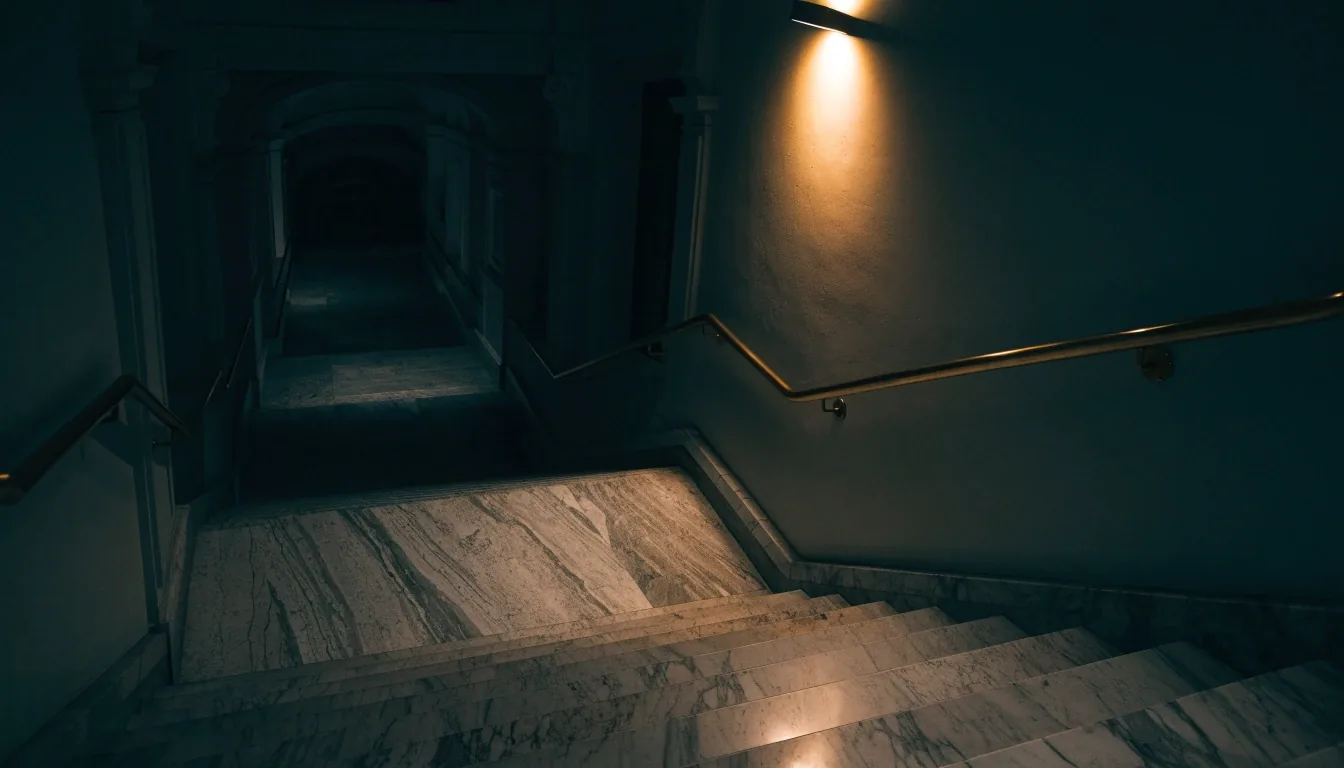 An empty press briefing lectern at night under a single hard light, chairs receding into shadow