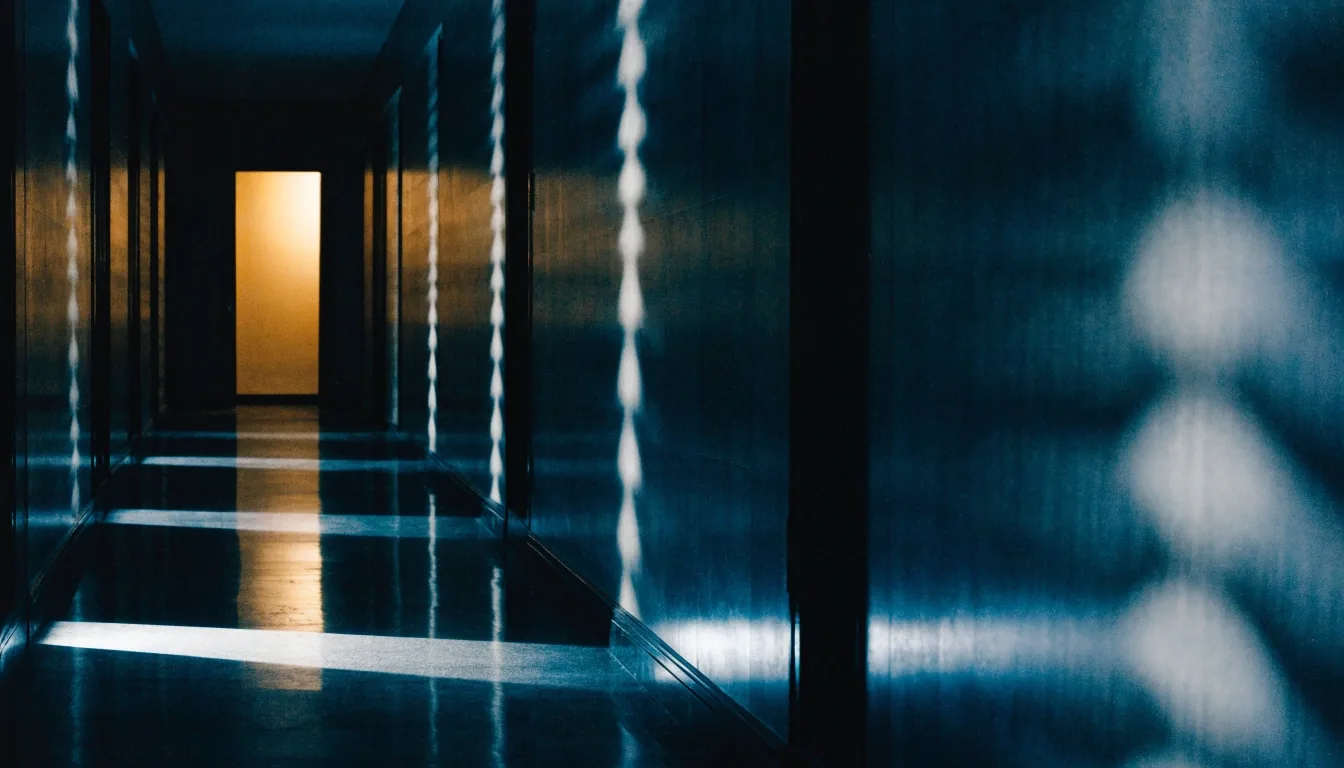 An empty foreign-ministry corridor at night receding toward a single lit doorway