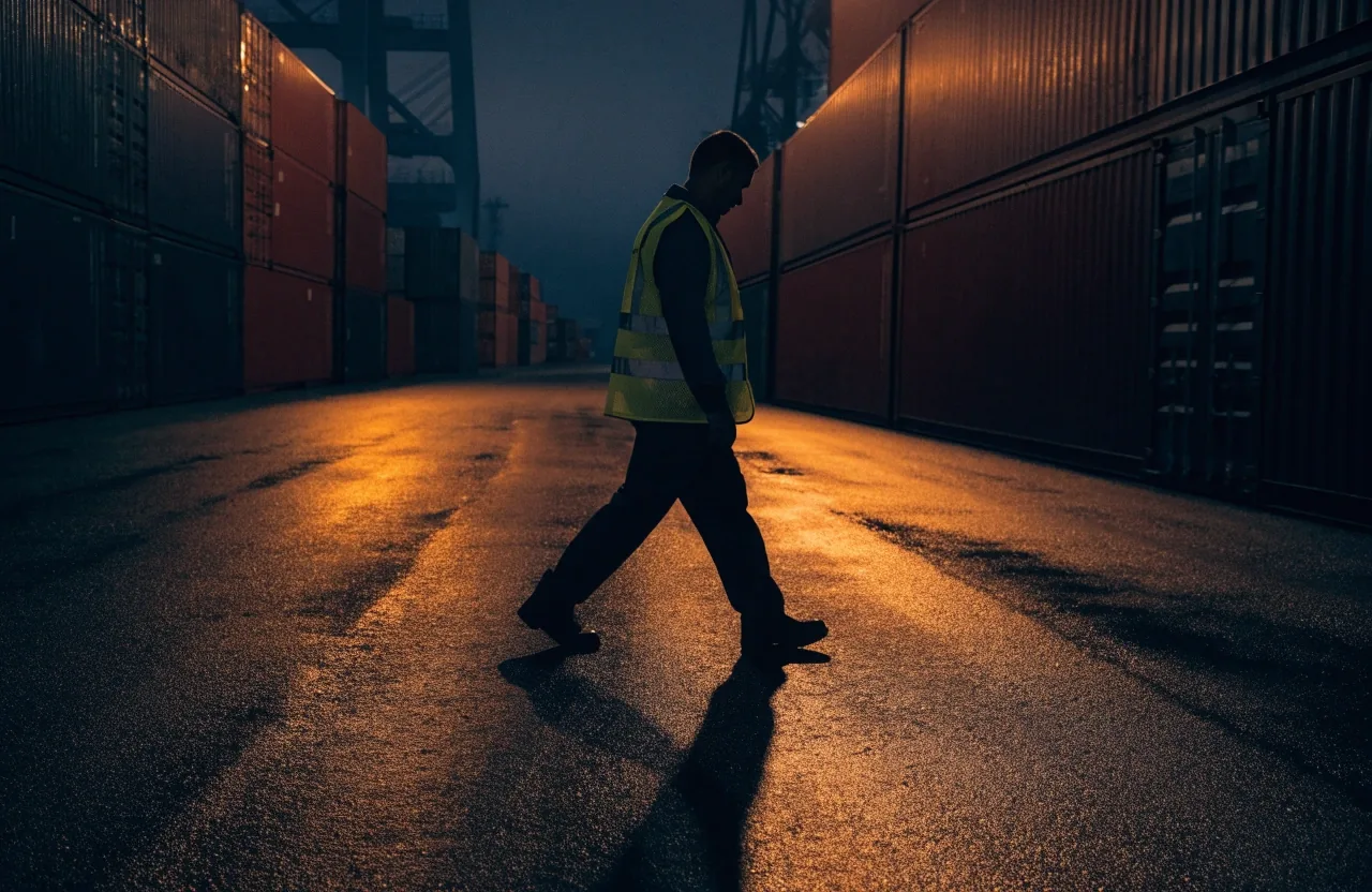 Container silhouettes at a dark port with one lit crane arm above wet concrete