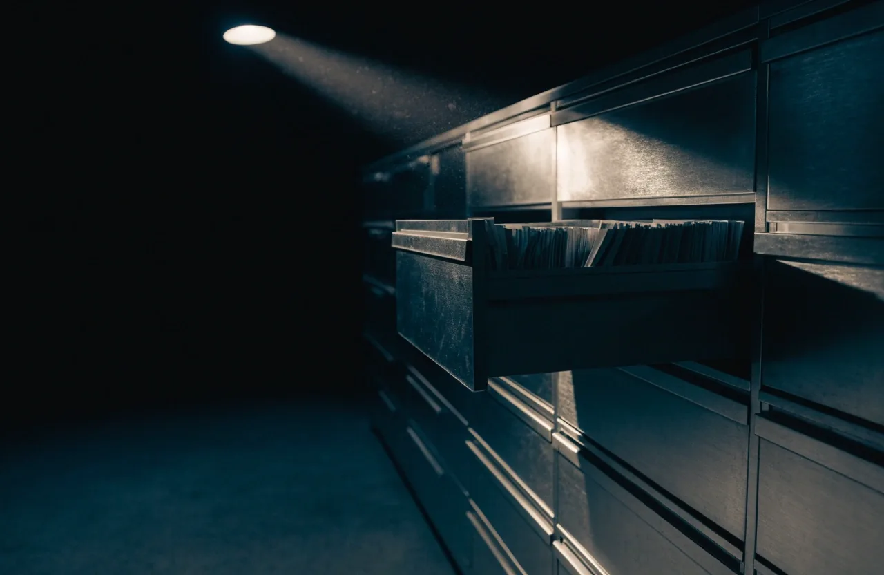 Composing-room table at night with page flats under a single hard lamp above a dark news office floor