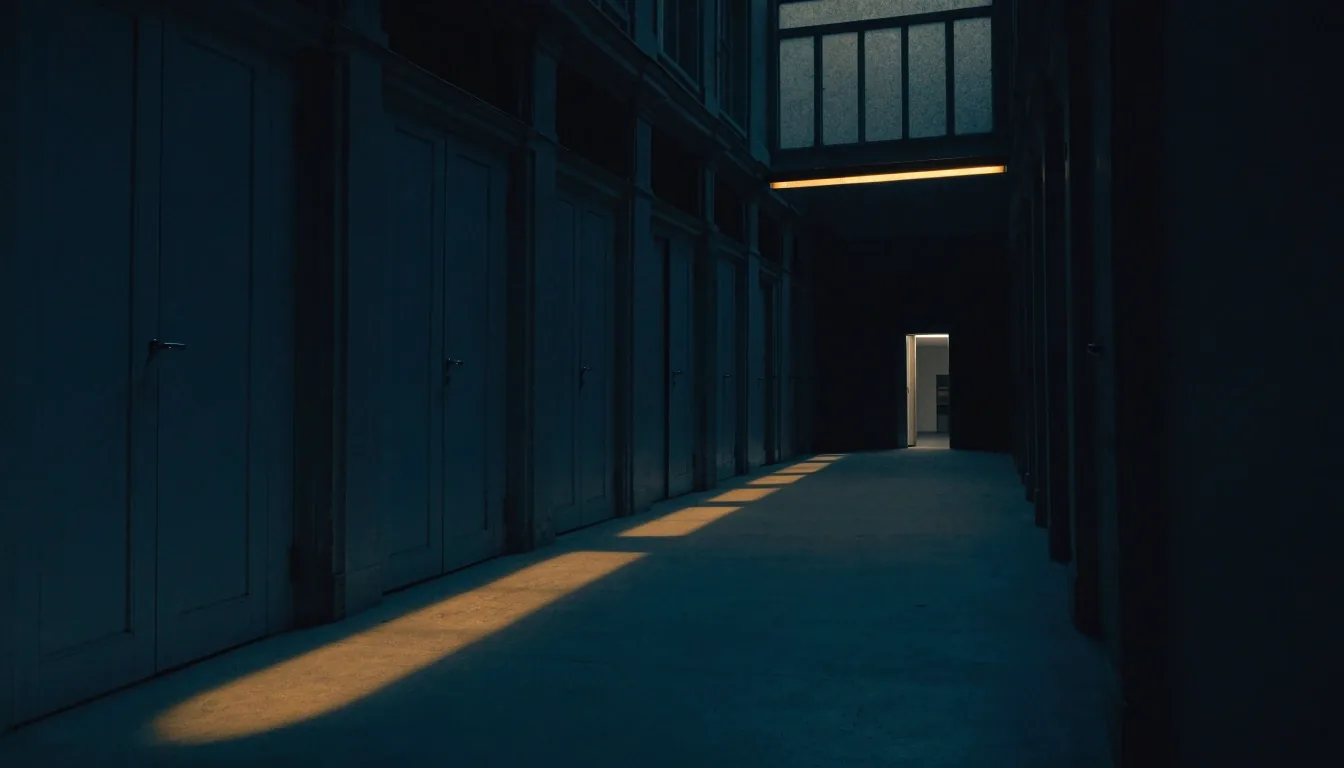Dark ministry corridor at night with one hard light band falling across a bare stone floor