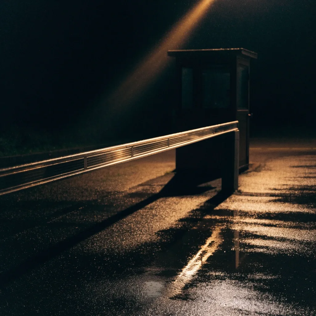 Midnight exterior of a foreign ministry building with light spilling from an open doorway