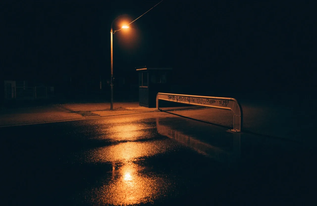 Night view of a raised border-crossing barrier under a single streetlight on wet asphalt