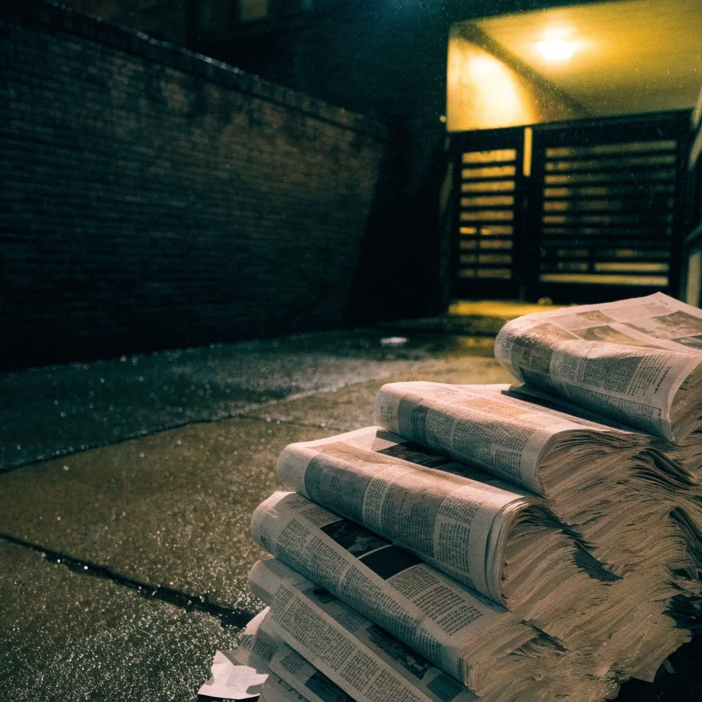 A newsroom window lit at night above a rain-slicked Brooklyn street, blind stripes raking the glow