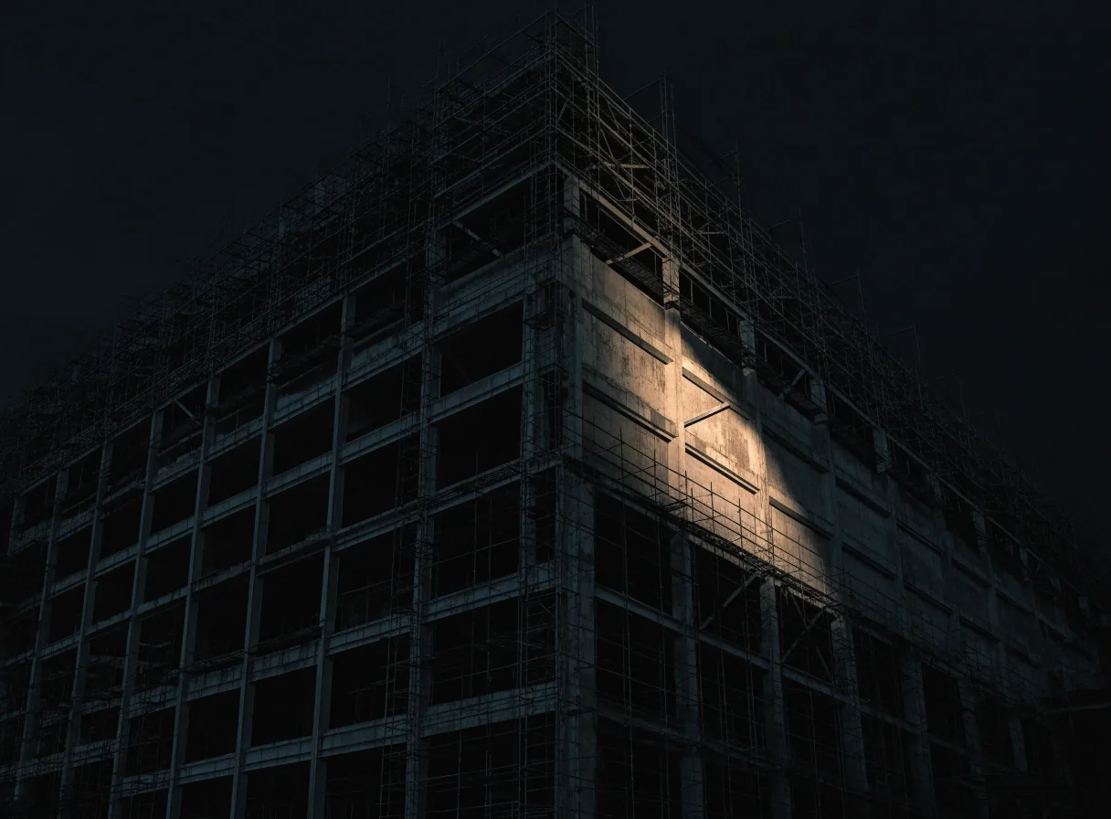 A half-built industrial plant shell at night under a single floodlight