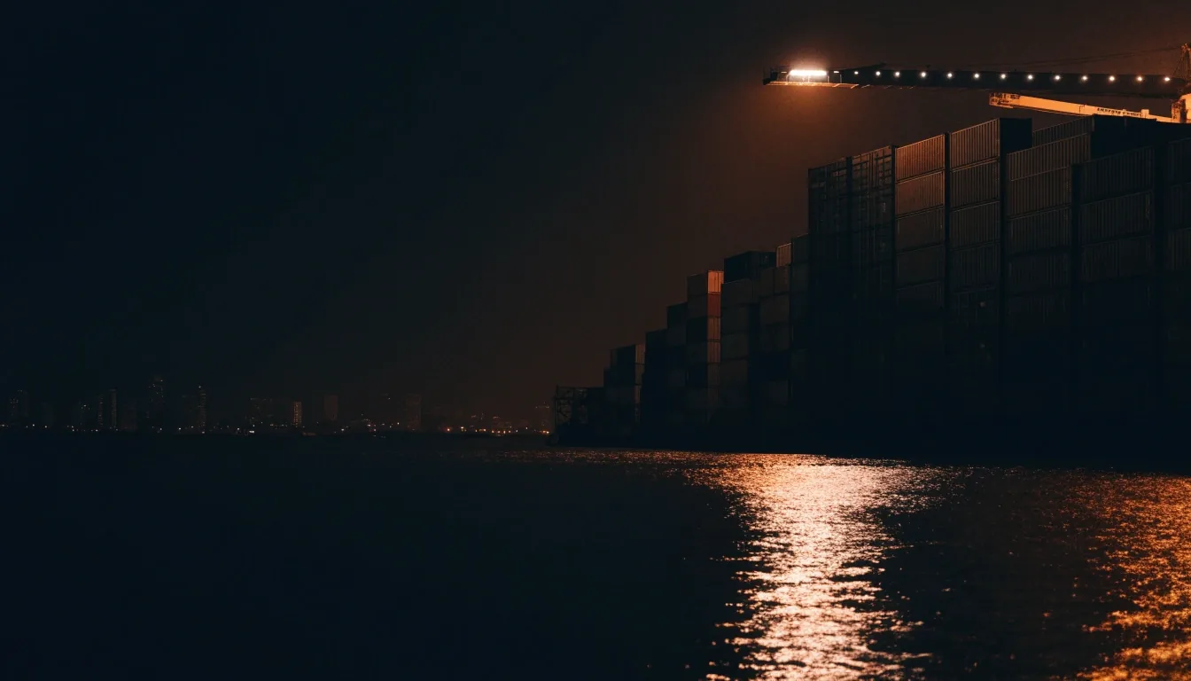 A lamp-lit container terminal at night seen across black water with one lit crane arm