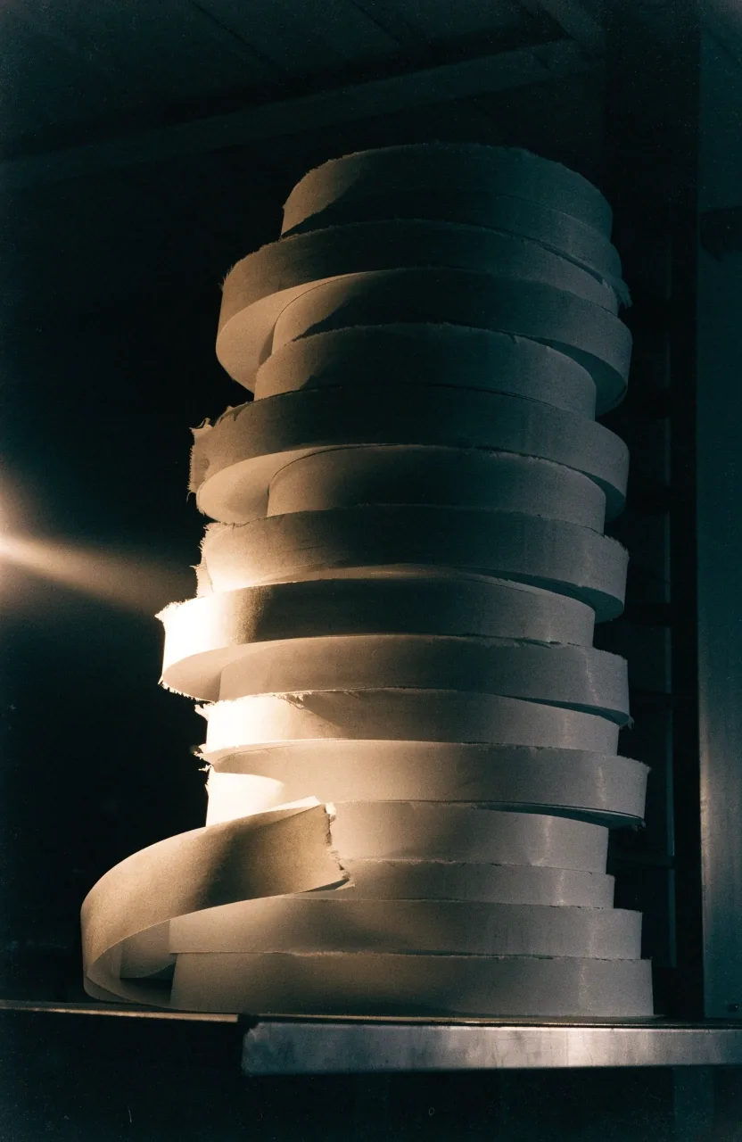 Blank newsprint page flats stacked on a composing-room table under a single raking lamp