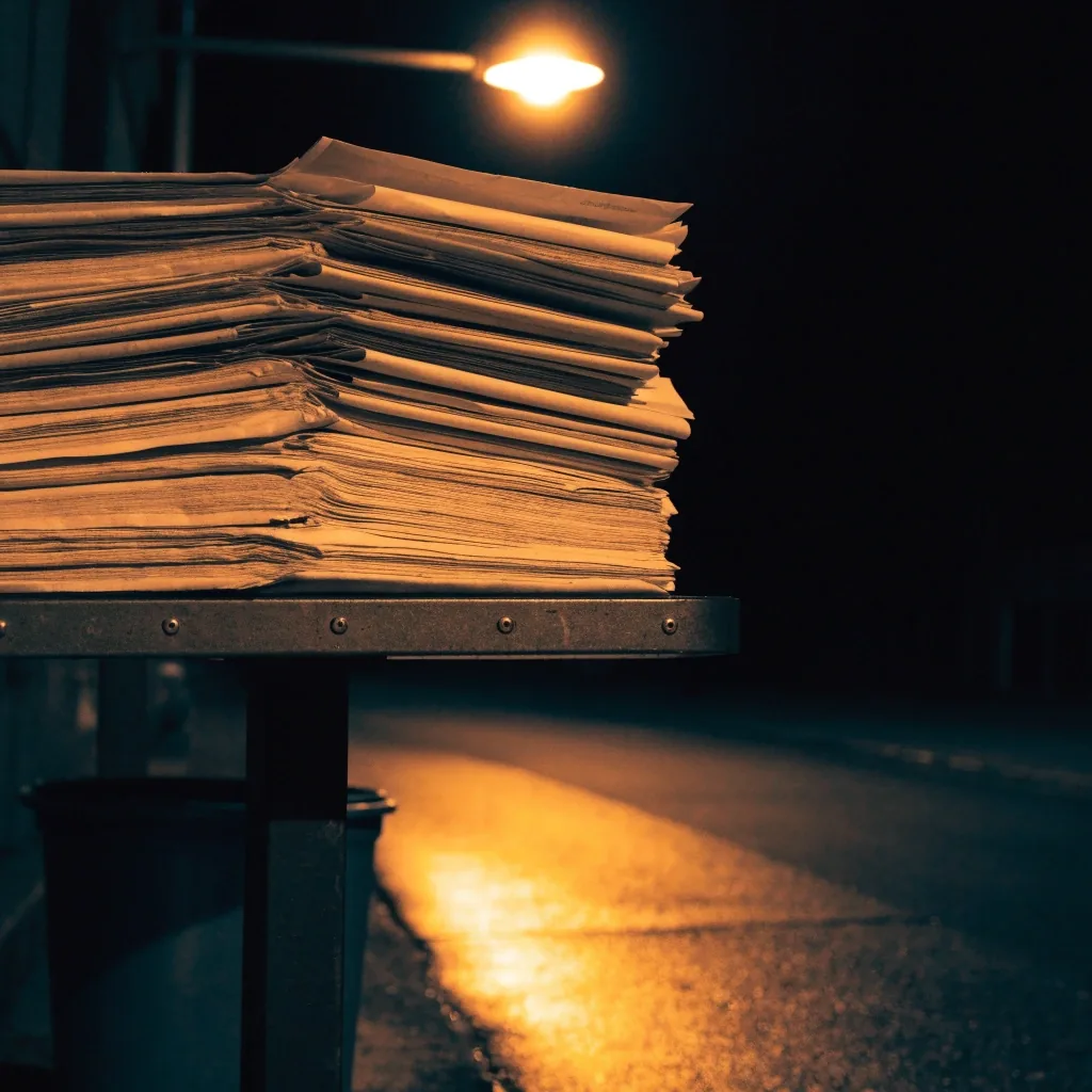 Folded newspapers stacked on a night-street newsstand under a single sodium lamp