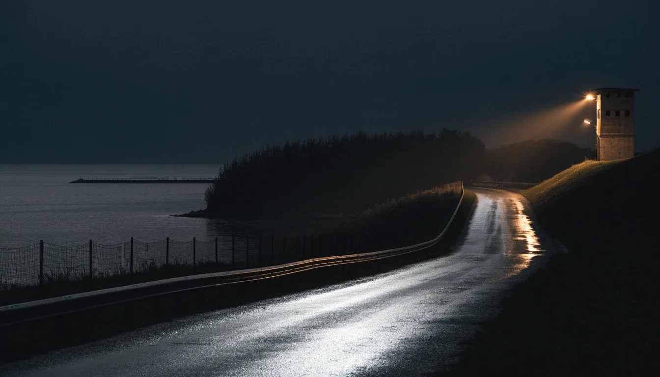 A Baltic coastal perimeter road at night under sodium floodlights, black water beyond