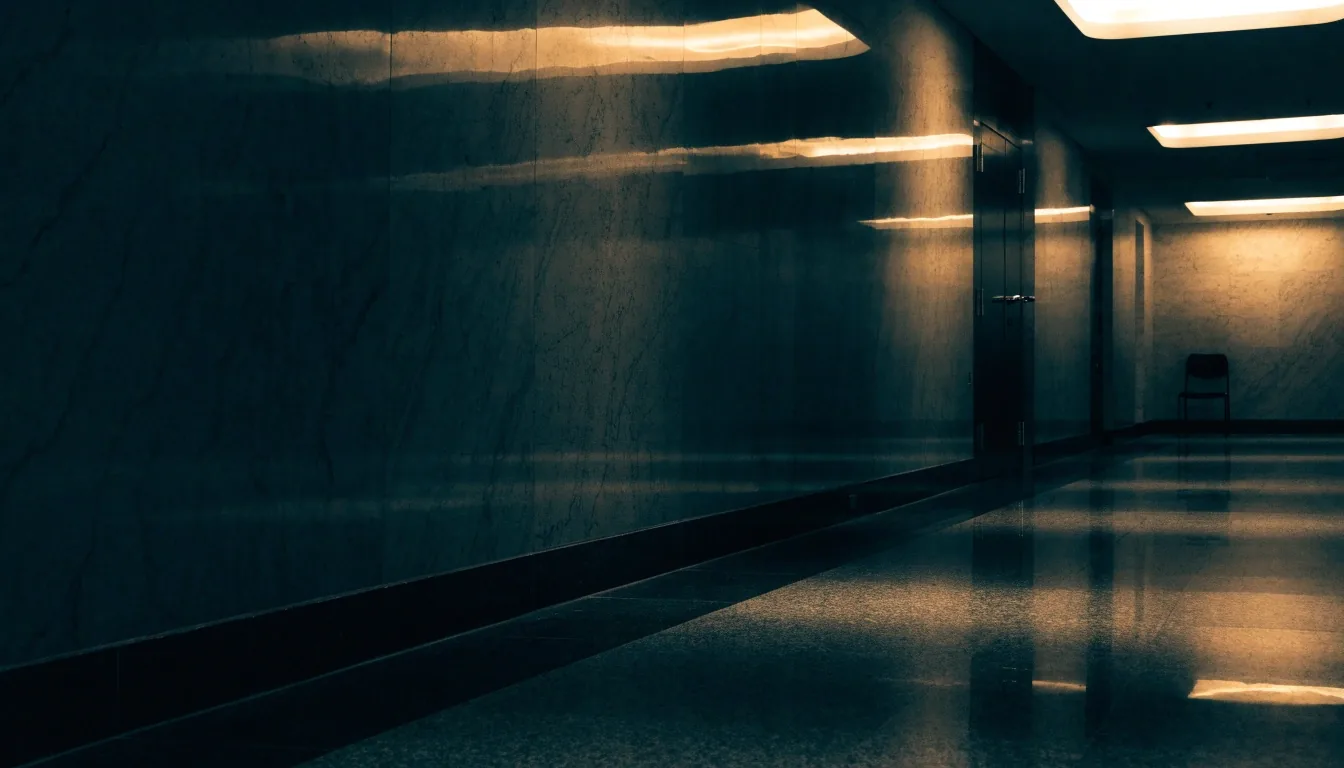 A ribbed concrete corridor at night lit by a single recessed strip light