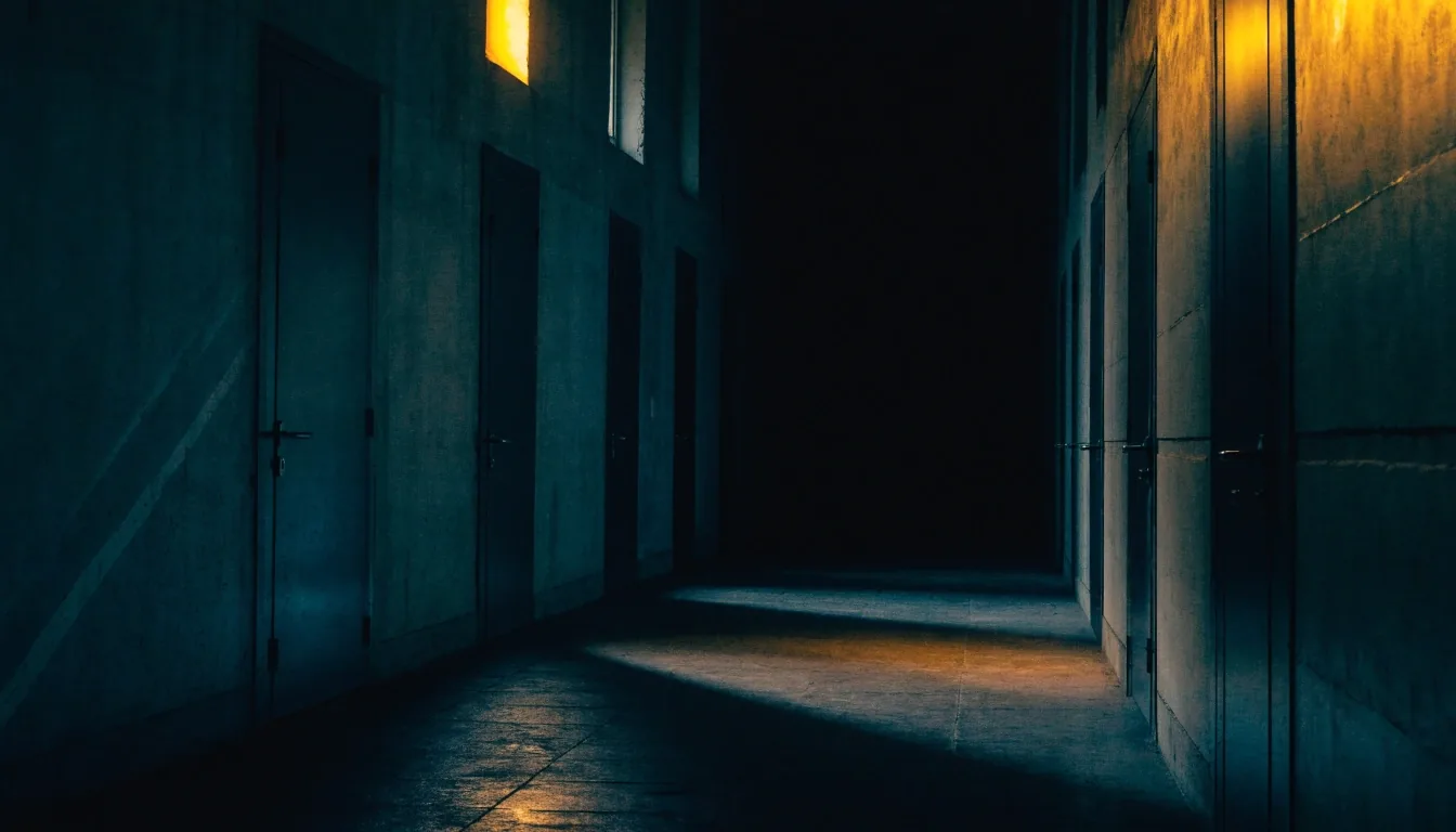 A foreign-ministry corridor at midnight under a sodium light raking across bare concrete walls