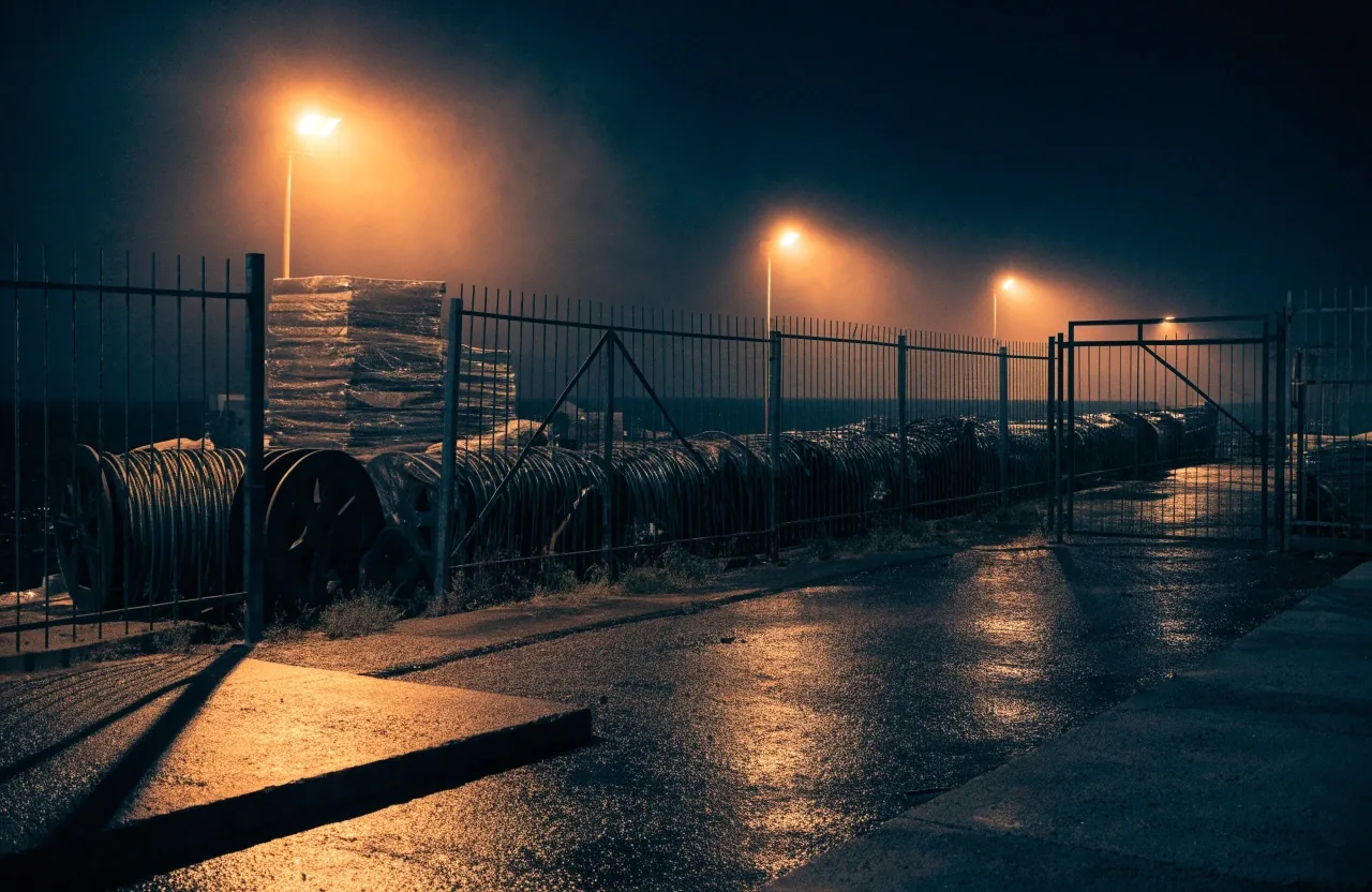 Graded industrial site entrance at dusk with stacked pipe sections and steel beams