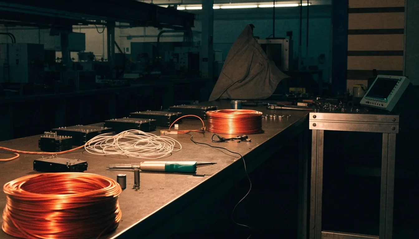 Night electronics assembly bench with hand tools, wire coils and an angled instrument glow