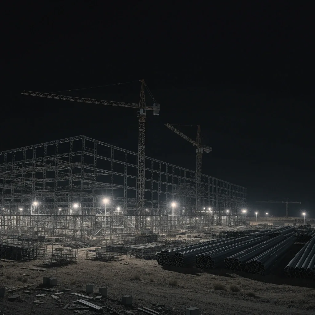 Semiconductor fabrication plant under construction at night with cranes and steel framework