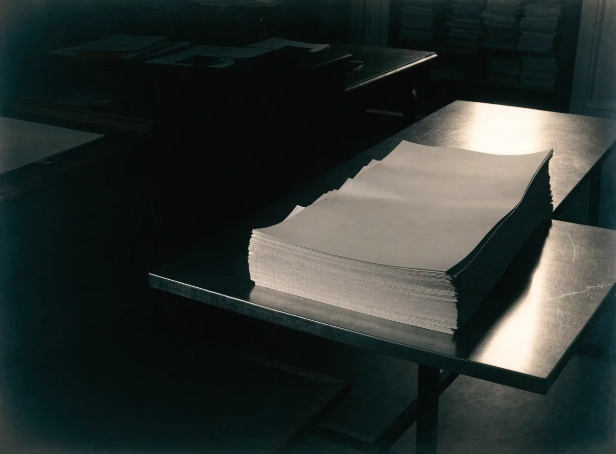 Blind-striped lamp light falling across a stack of blank page flats in a composing room